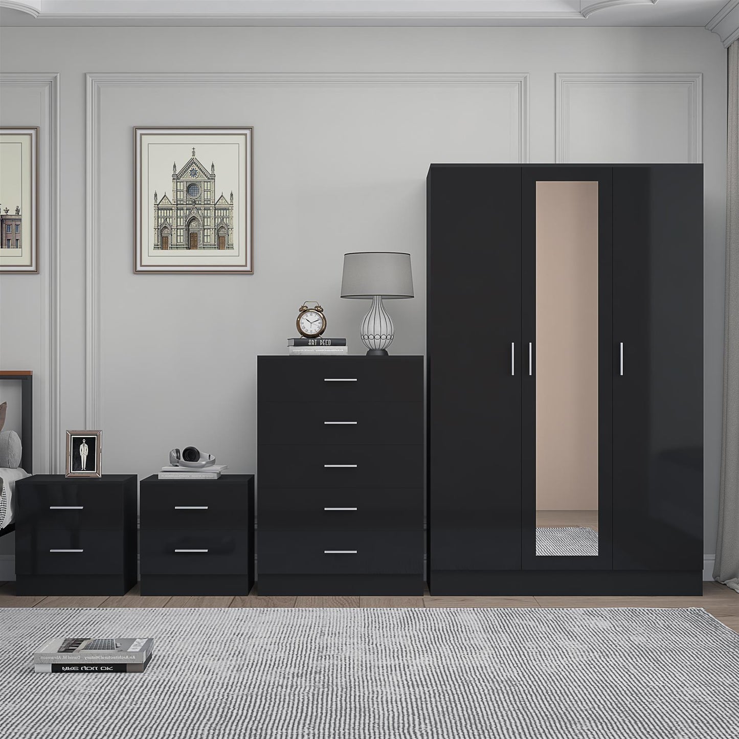 Reflect 3 Door Mirror Wardrobe, 5 Drawer Chest, 2x 2 Drawer Bedsides - Black Gloss & Black Oak - Modern Bedroom Furniture Set