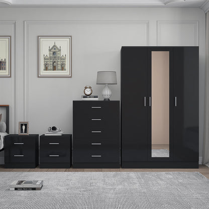 Reflect 3 Door Mirror Wardrobe, 5 Drawer Chest, 2x 2 Drawer Bedsides - Black Gloss & Black Oak - Modern Bedroom Furniture Set