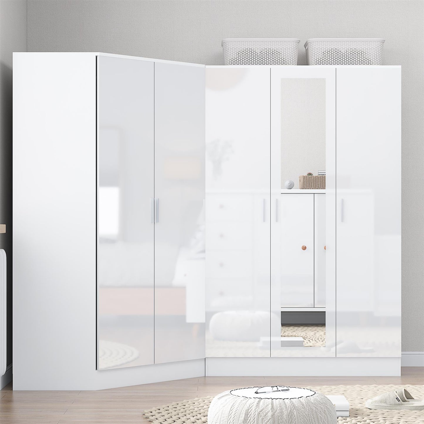 REFLECT Gloss 5 Door Wardrobe Bundle - 2 Door Corner + 3 Door Mirror Bedroom Set