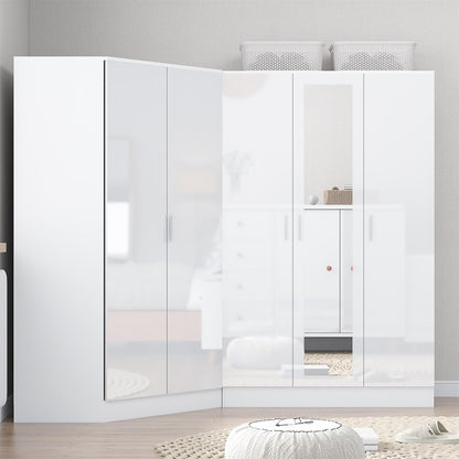 Reflect 2pc Wardrobe Bundle - 2 Door Corner + 3 Door Mirror - White Gloss & Matt White