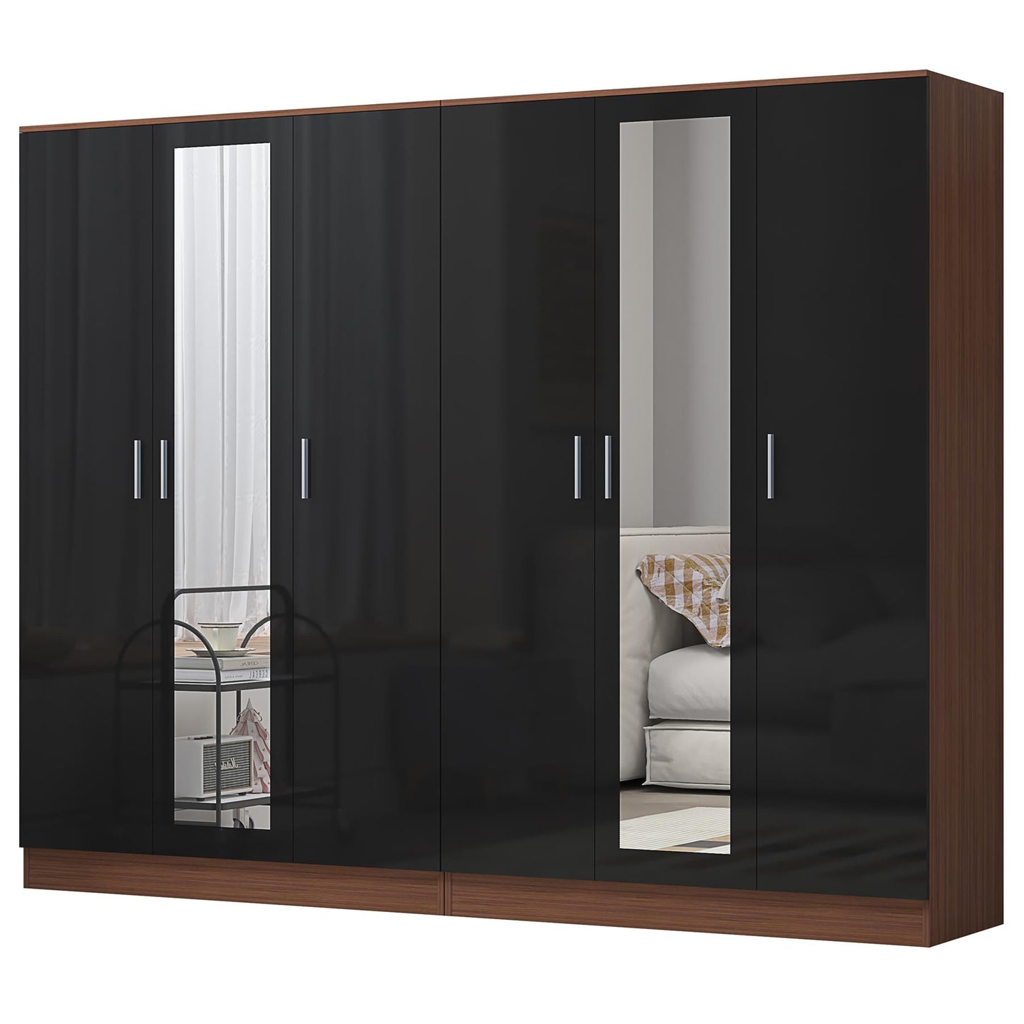Reflect 2pc Wardrobe Bundle - 3 Door Mirror + 3 Door Mirror - Black Gloss & Walnut
