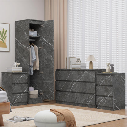ZITA 4pc Set - 1 Door Wardrobe + Wide Chest + 2 Bedsides in White OR Grey Marble