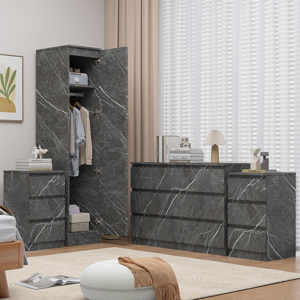 ZITA Grey Marble Effect 4pc Bedroom Set - 1-Door Wardrobe, Wide Chest & 2 Bedside Tables, Contemporary Bedroom Storage Solution