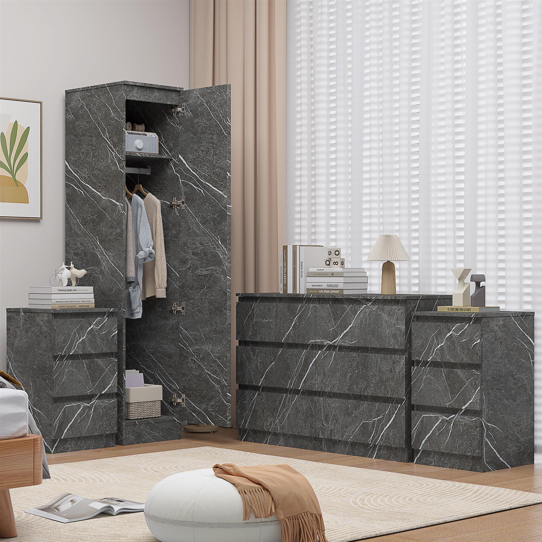 ZITA Grey Marble Effect 4pc Bedroom Set - 1-Door Wardrobe, Wide Chest & 2 Bedside Tables, Contemporary Bedroom Storage Solution