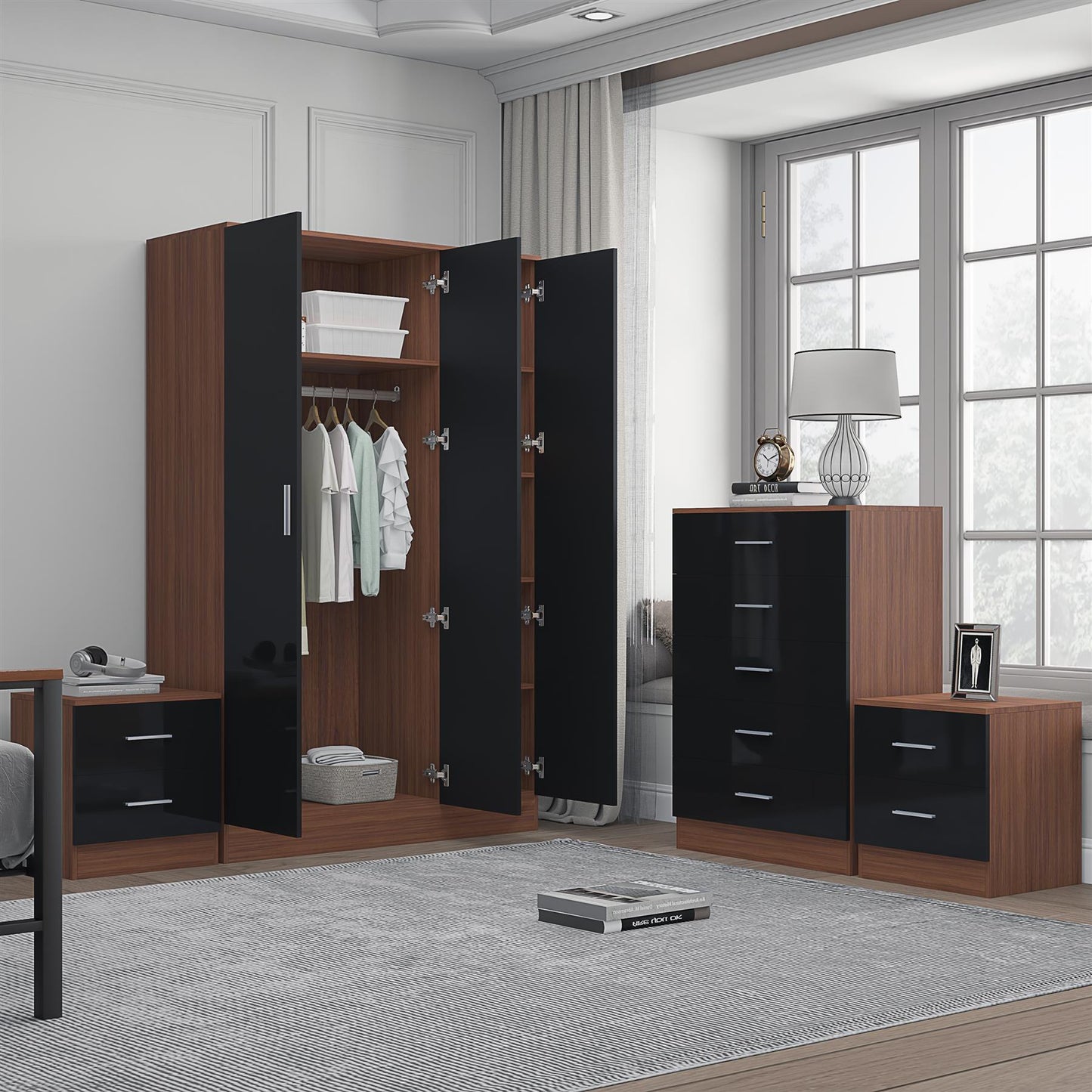 Reflect 3 Door Plain Wardrobe, 5 Drawer Chest, 2x 2 Drawer Bedsides - Black Gloss & Walnut - Modern Bedroom Furniture Set