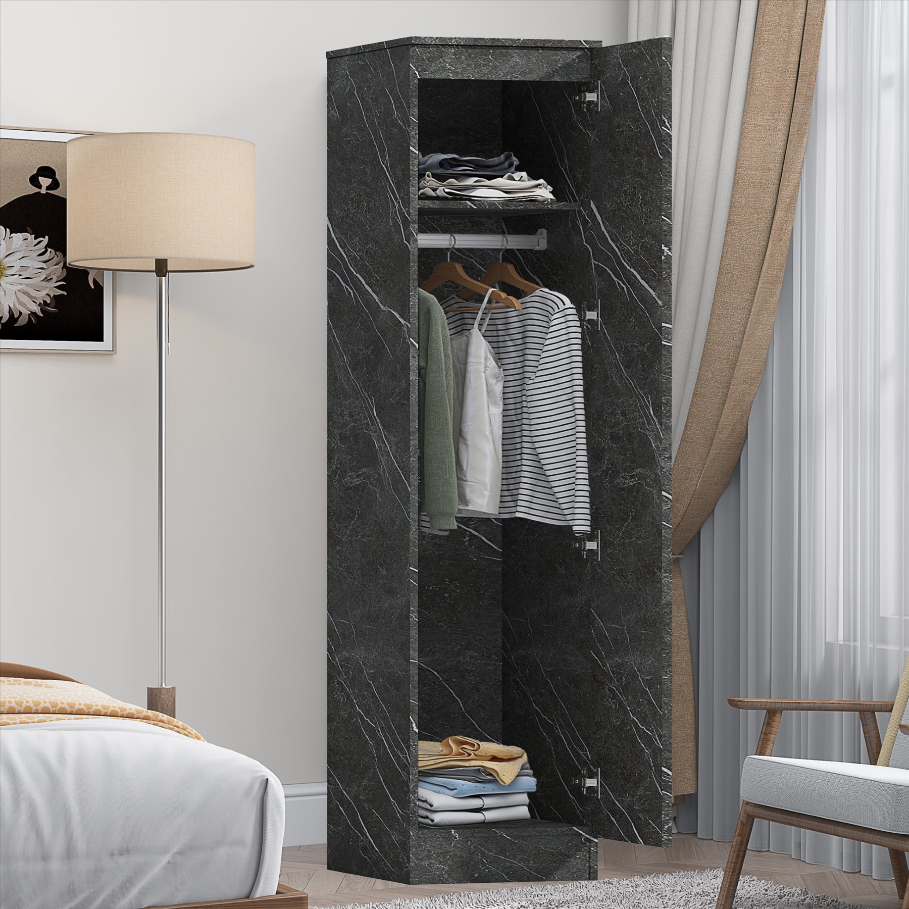 ZITA Compact 1-Door Wardrobe in Grey Marble Effect - Bedroom Storage, Stylish and Space-Saving