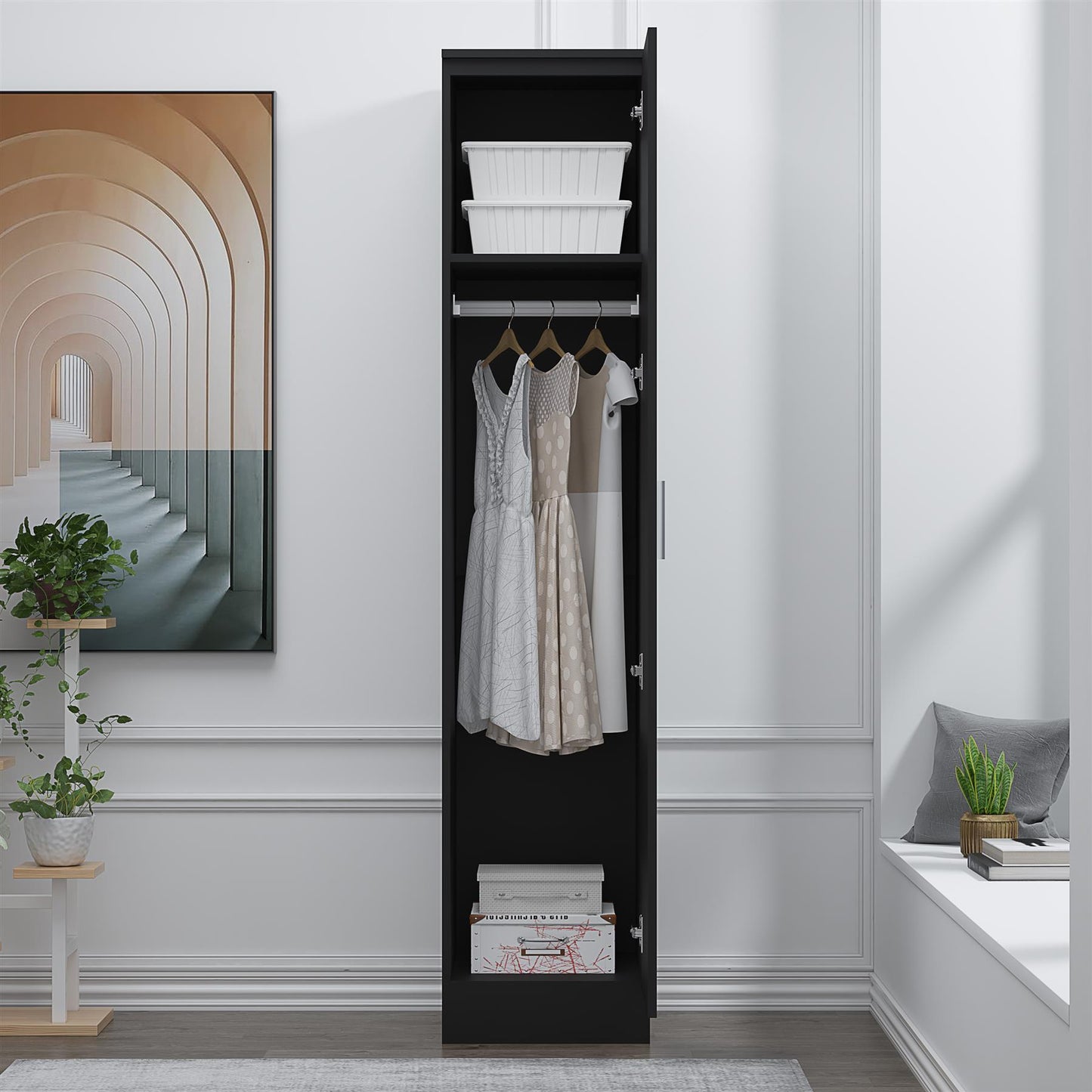 Reflect 1 Door High Gloss Wardrobe - Black, Durable Melamine Finish - Modern Bedroom Storage - Single Door Wardrobe