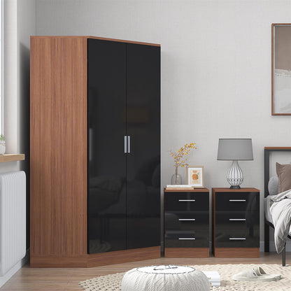 Reflect 3pc Wardrobe Bundle - 2 Door Corner + 2x 3 Drawer Bedsides - Black Gloss & Walnut