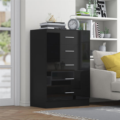 Reflect 5 Drawer Chest - Black Gloss & Black Oak - Modern Vertical Bedroom Storage Unit