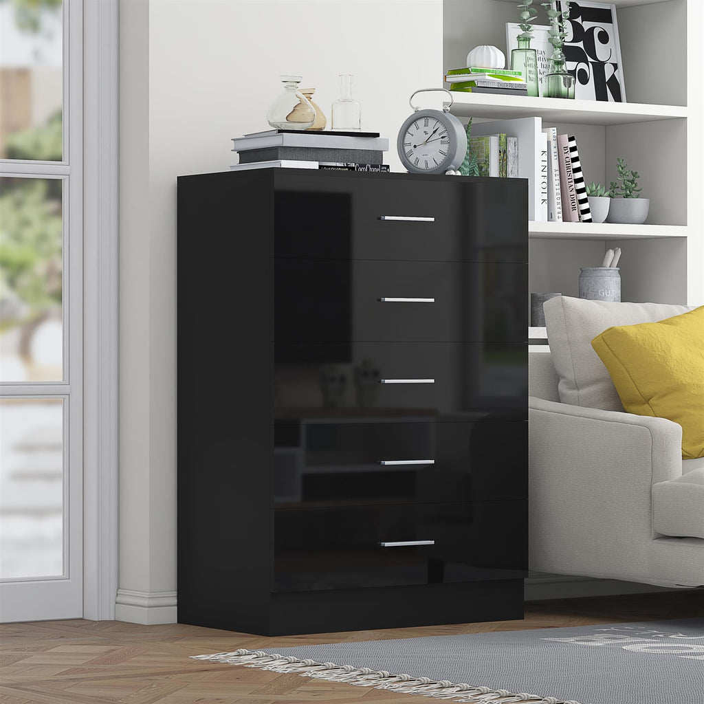 Reflect 5 Drawer Chest - Black Gloss & Black Oak - Modern Vertical Bedroom Storage Unit - H: 100cm x W: 70cm x D: 40cm