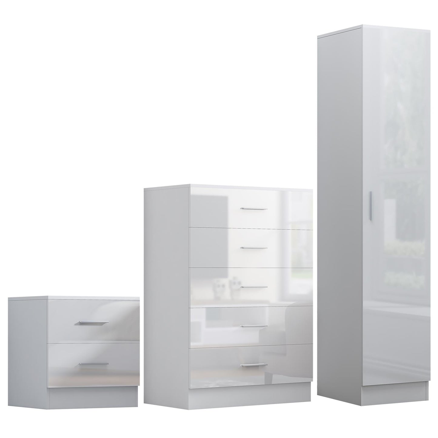 REFLECT Gloss 3pc Bedroom Set - 1 Door Wardrobe + 5 Draw Chest + Bedside