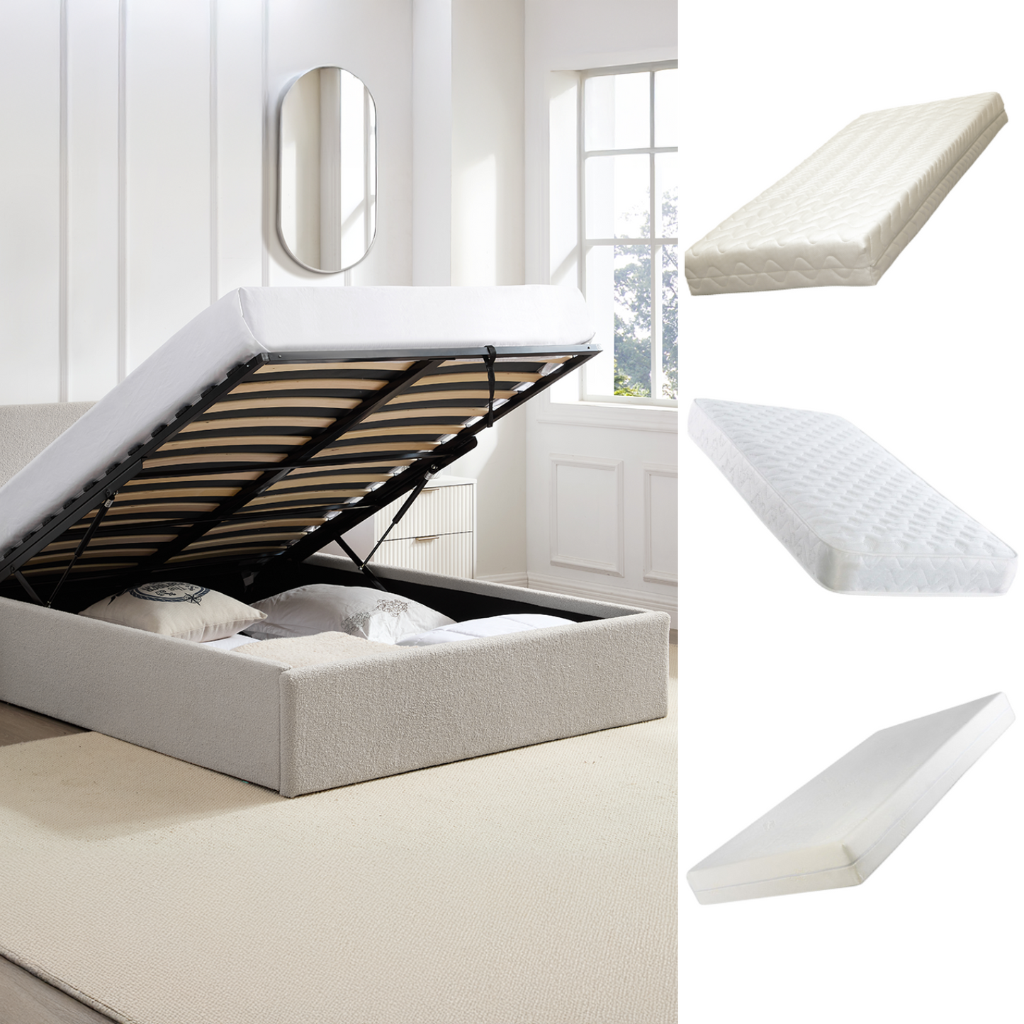 TEDDY Boucle Gas Lift Ottoman Storage Bed in Beige with 4 Size + Mattress Option