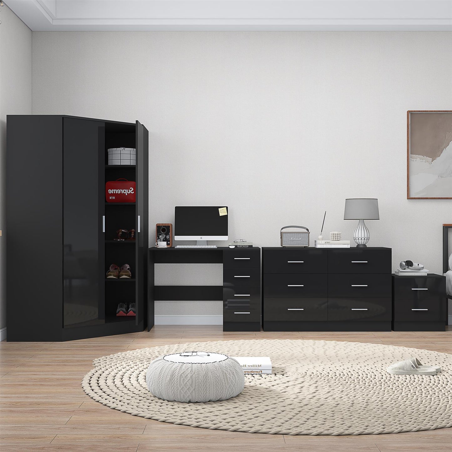 Reflect 2 Door Corner Wardrobe, 6 Drawer Chest, 2 Drawer Bedside & Desk - Black Gloss & Black Oak - Bedroom Furniture Set