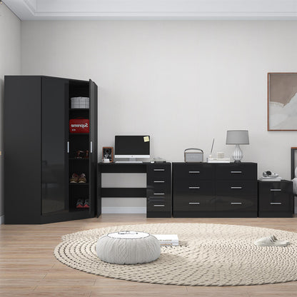 Reflect 2 Door Corner Wardrobe, 6 Drawer Chest, 2 Drawer Bedside & Desk - Black Gloss & Black Oak - Bedroom Furniture Set