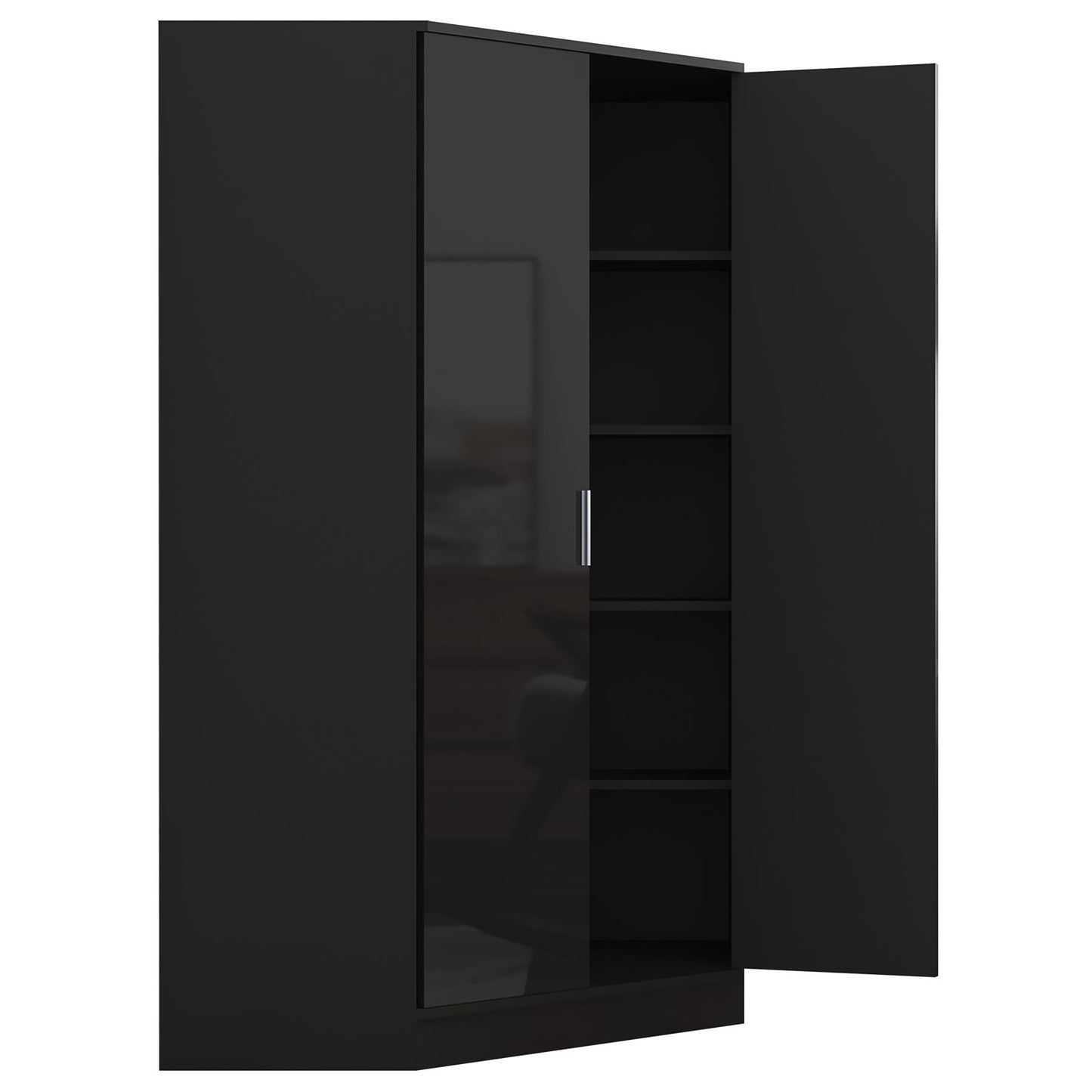 Reflect 2 Door Corner Wardrobe - Black Gloss & Black Oak - 2 Hanging Rails & 8 Shelves - Modern Design