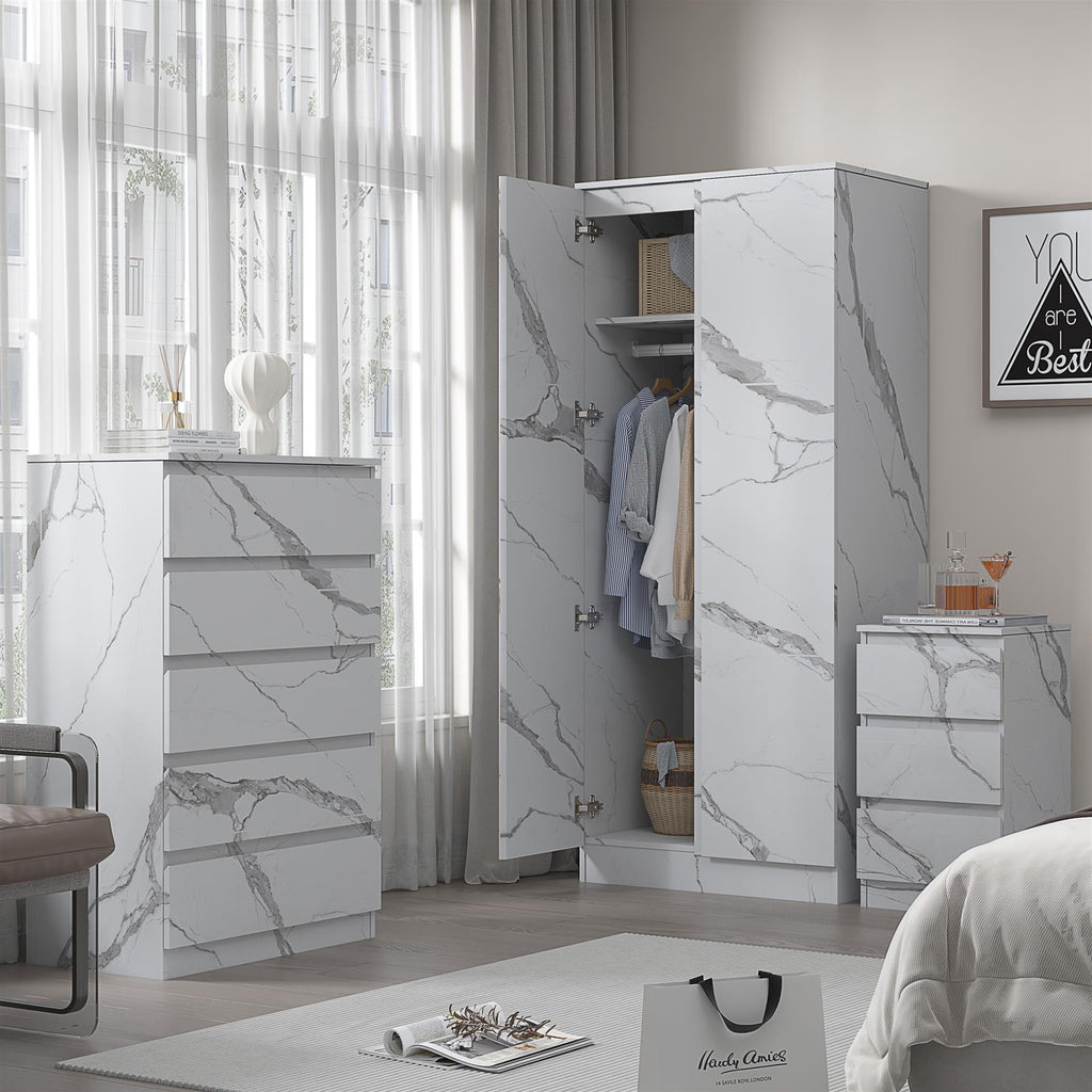 ZITA White Marble Effect 3 Piece Set - 2 Door Wardrobe, 5 Drawer Chest & 3 Drawer Bedside, Stylish Bedroom Storage