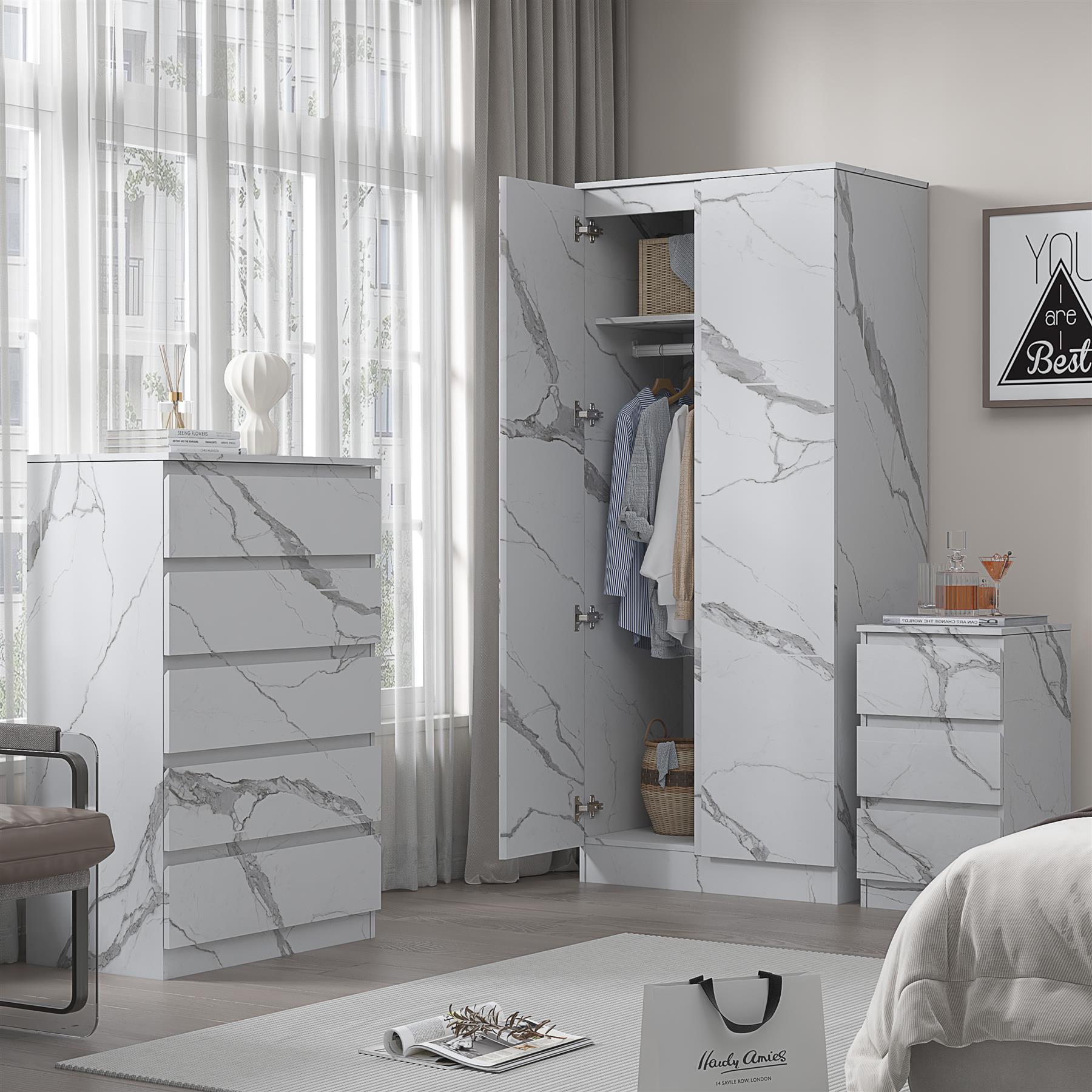 ZITA White Marble Effect 3 Piece Set - 2 Door Wardrobe, 5 Drawer Chest & 3 Drawer Bedside, Stylish Bedroom Storage