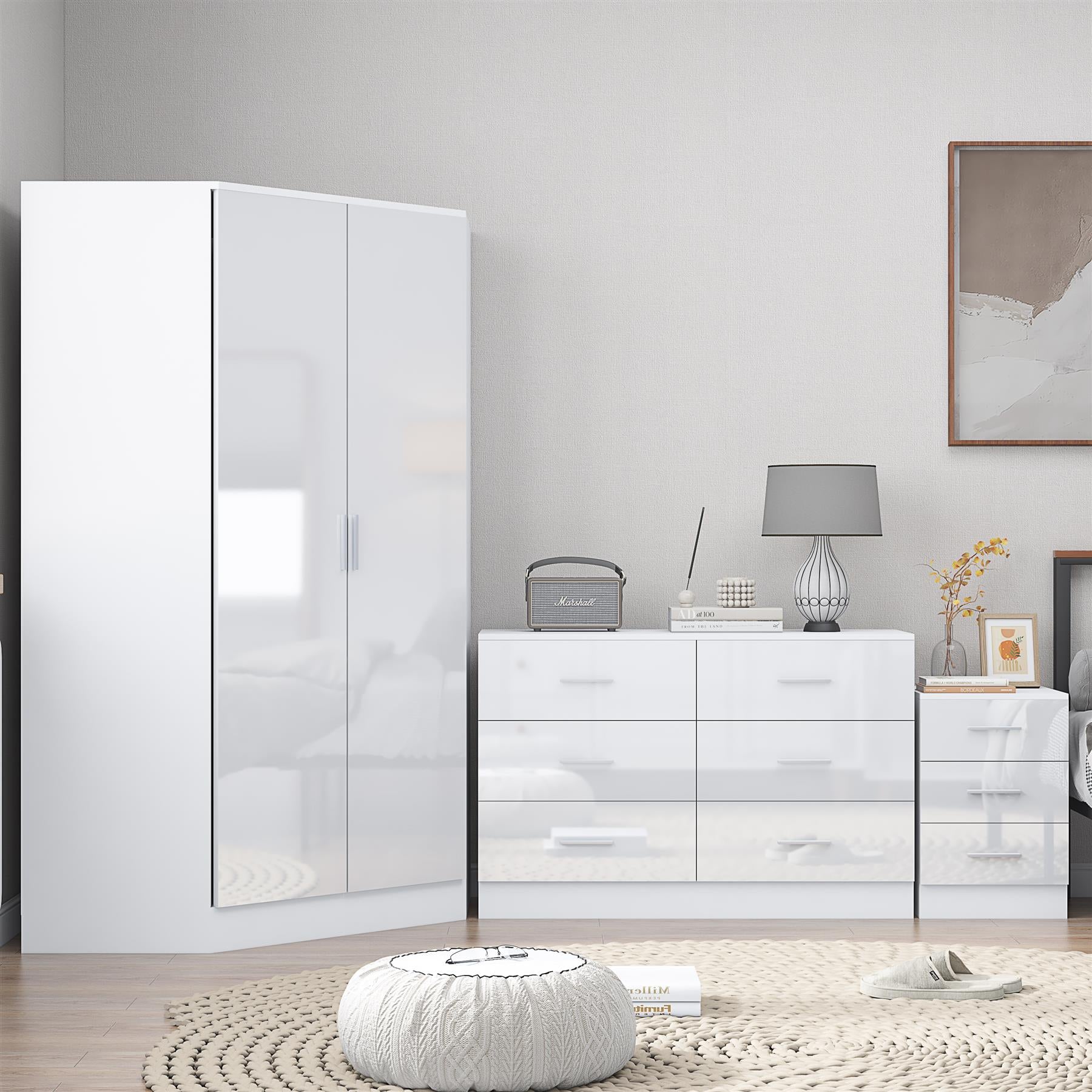 REFLECT - 2 Door CORNER + 6 Drawer Chest + 3 Drawer Bedside - Gloss White / Matt White