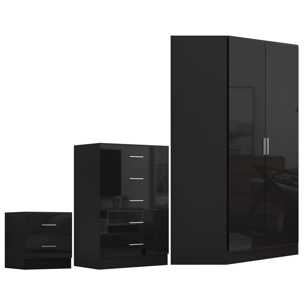REFLECT Gloss 4pc Set - 2 Door Corner Wardrobe + 5 Draw Chest + Bedside