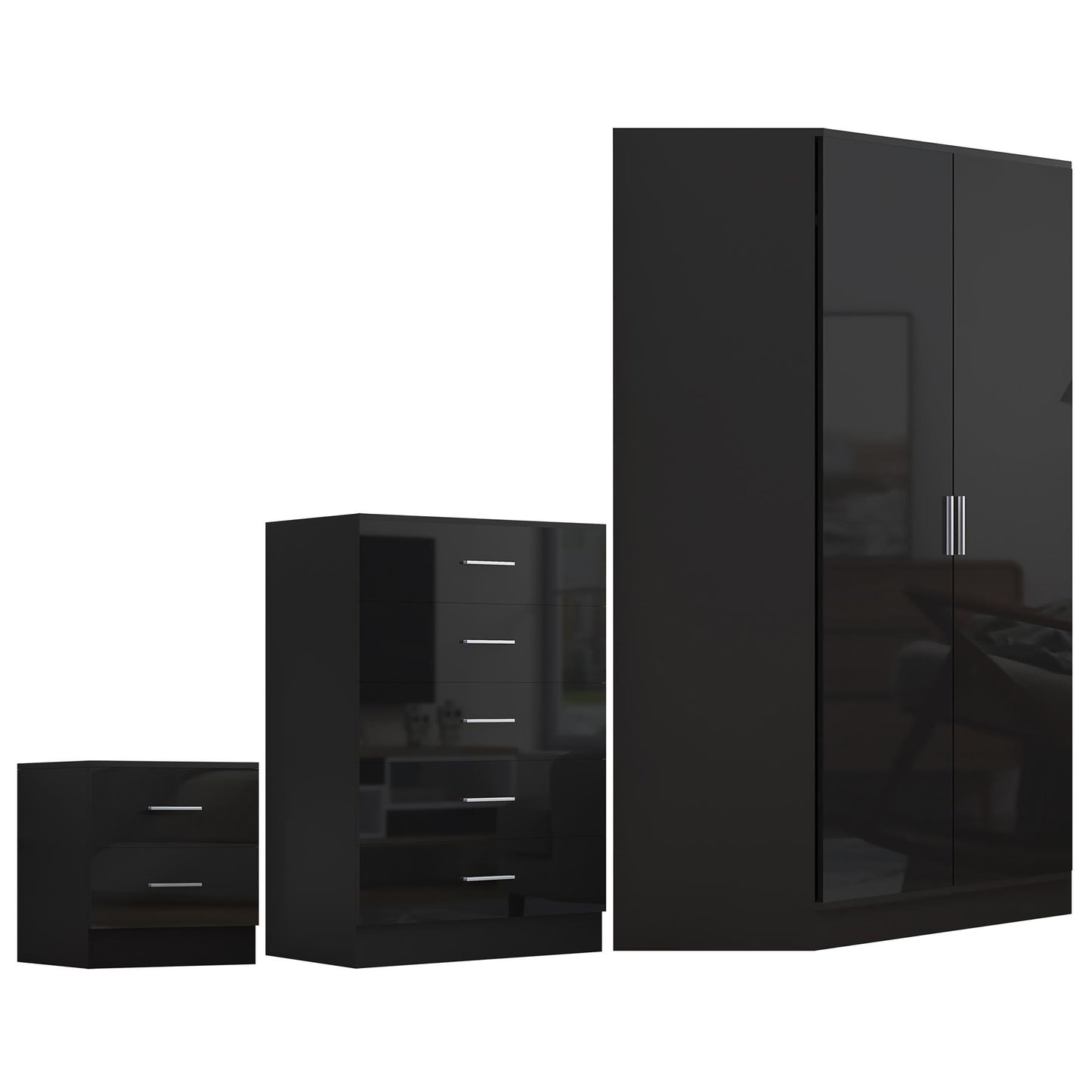 REFLECT Gloss 3pc Set - 2 Door Corner Wardrobe + 5 Draw Chest + Bedside