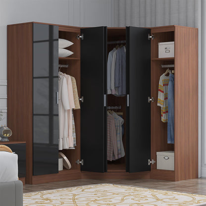 Reflect 3pc Wardrobe Bundle - 2 Door Corner + 2 Door Plain + 1 Door Plain - Black Gloss & Walnut