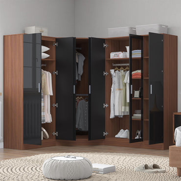 Reflect 3pc Wardrobe Bundle - 2 Door Corner + 3 Door Mirror + 2 Door Plain - Black Gloss & Walnut
