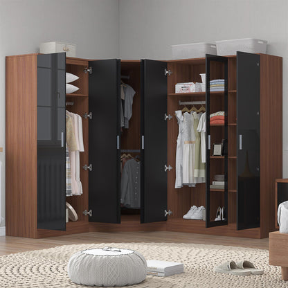 Reflect 3pc Wardrobe Bundle - 2 Door Corner + 3 Door Mirror + 2 Door Plain - Black Gloss & Walnut