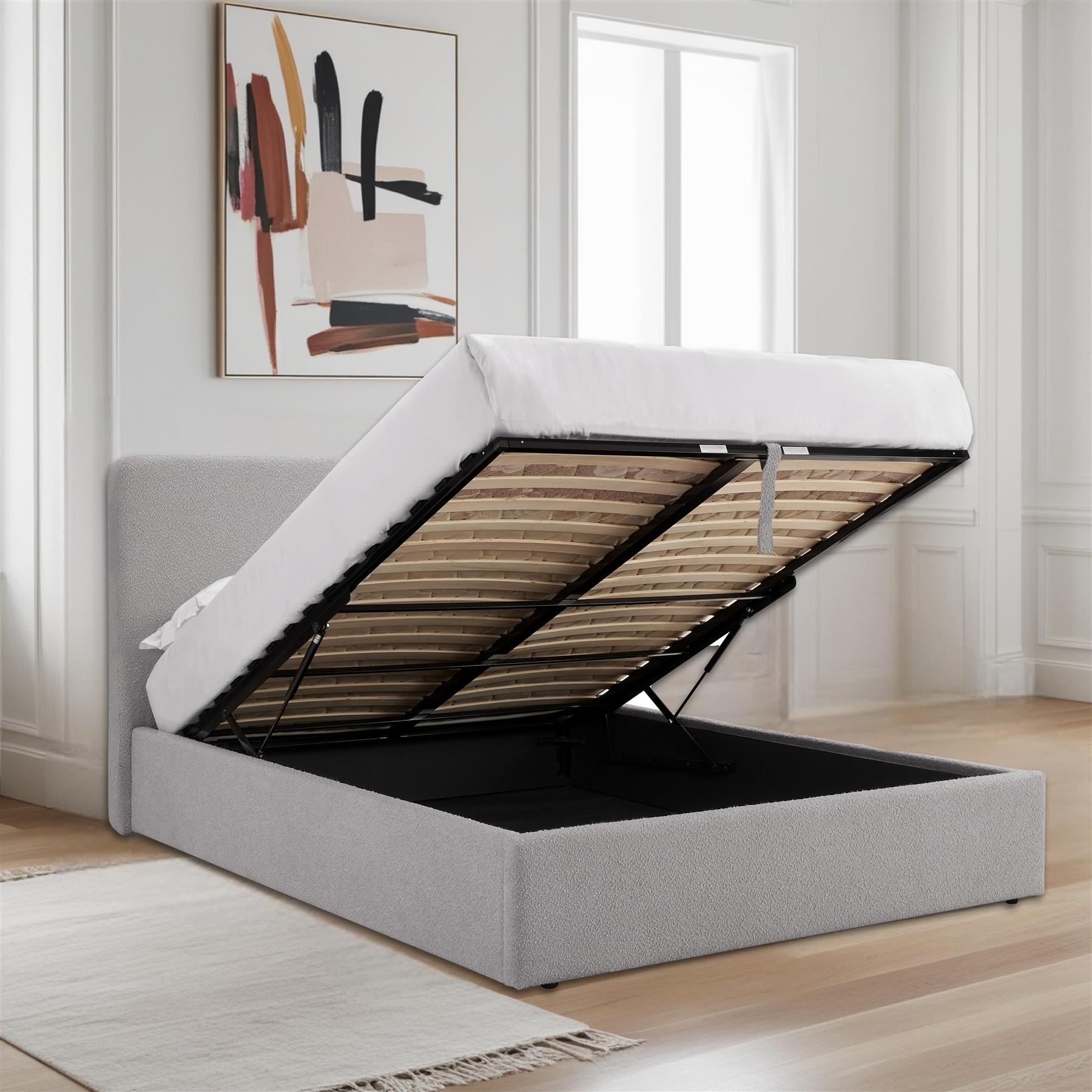 TEDDY BOUCLE 5FT King Grey Ottoman Storage Bed Gas Lift Up - (L) 220cm x (W) 170cm (H) 113cm with Memory Foam & Spring Mattress