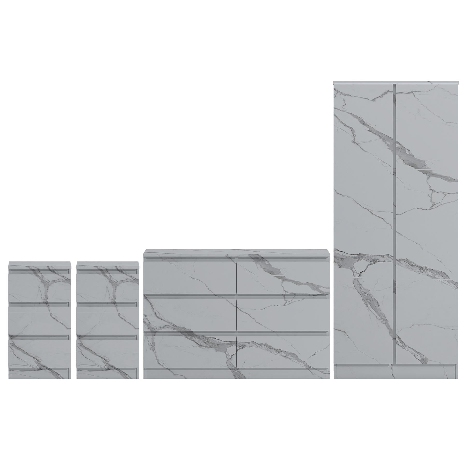 ZITA White Marble Effect 4 Piece Bedroom Set - Wardrobe, 6 Drawer Chest & 2 Bedside Tables, Stylish Bedroom Furniture