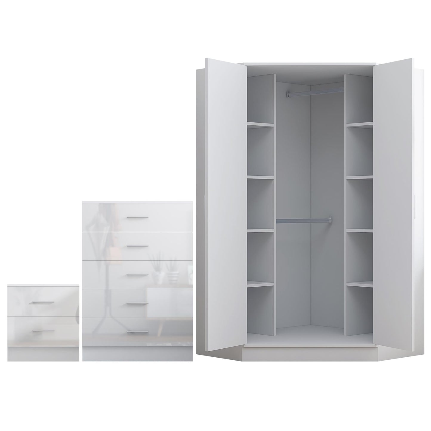 REFLECT Gloss 3pc Set - 2 Door Corner Wardrobe + 5 Draw Chest + Bedside