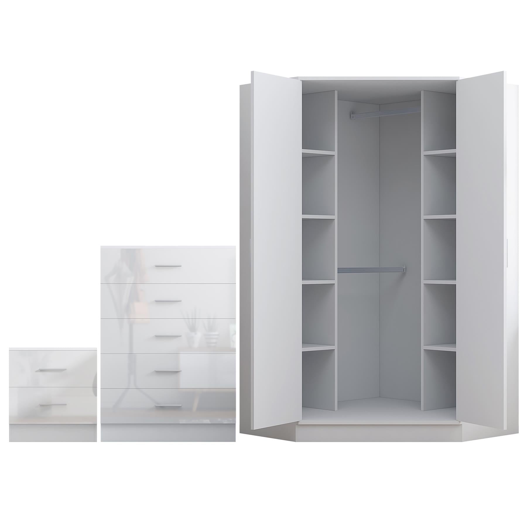 Reflect 2 Door Corner Wardrobe, 5 Drawer Chest, 2 Drawer Bedside - White Gloss & Matt White - Bedroom Furniture Set