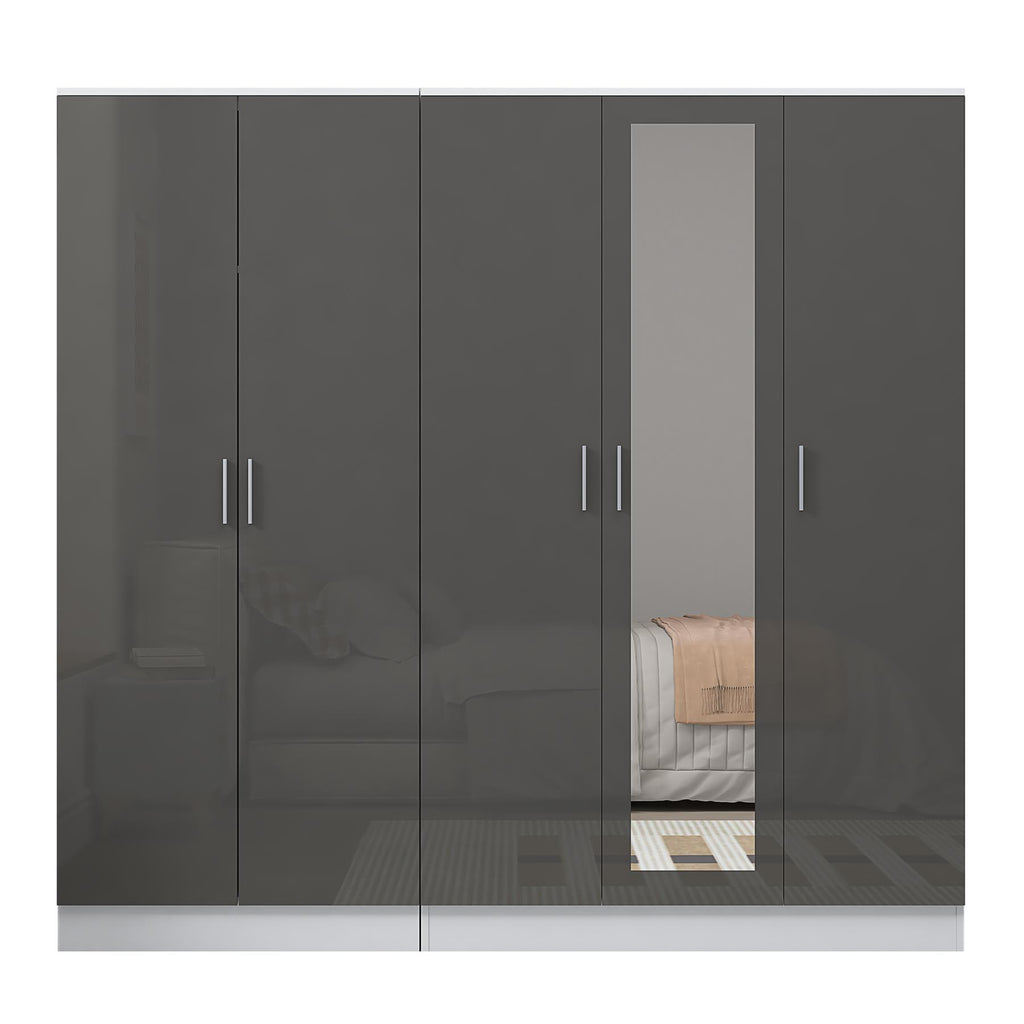 REFLECT - 3 Door MIRROR + 2 Door PLAIN Wardrobe - Gloss Grey / Matt White