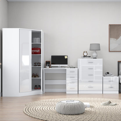 Reflect 2 Door Corner Wardrobe, 5 Drawer Chest, 2 Drawer Bedside & Desk - White Gloss & Matt White - Bedroom Furniture Set