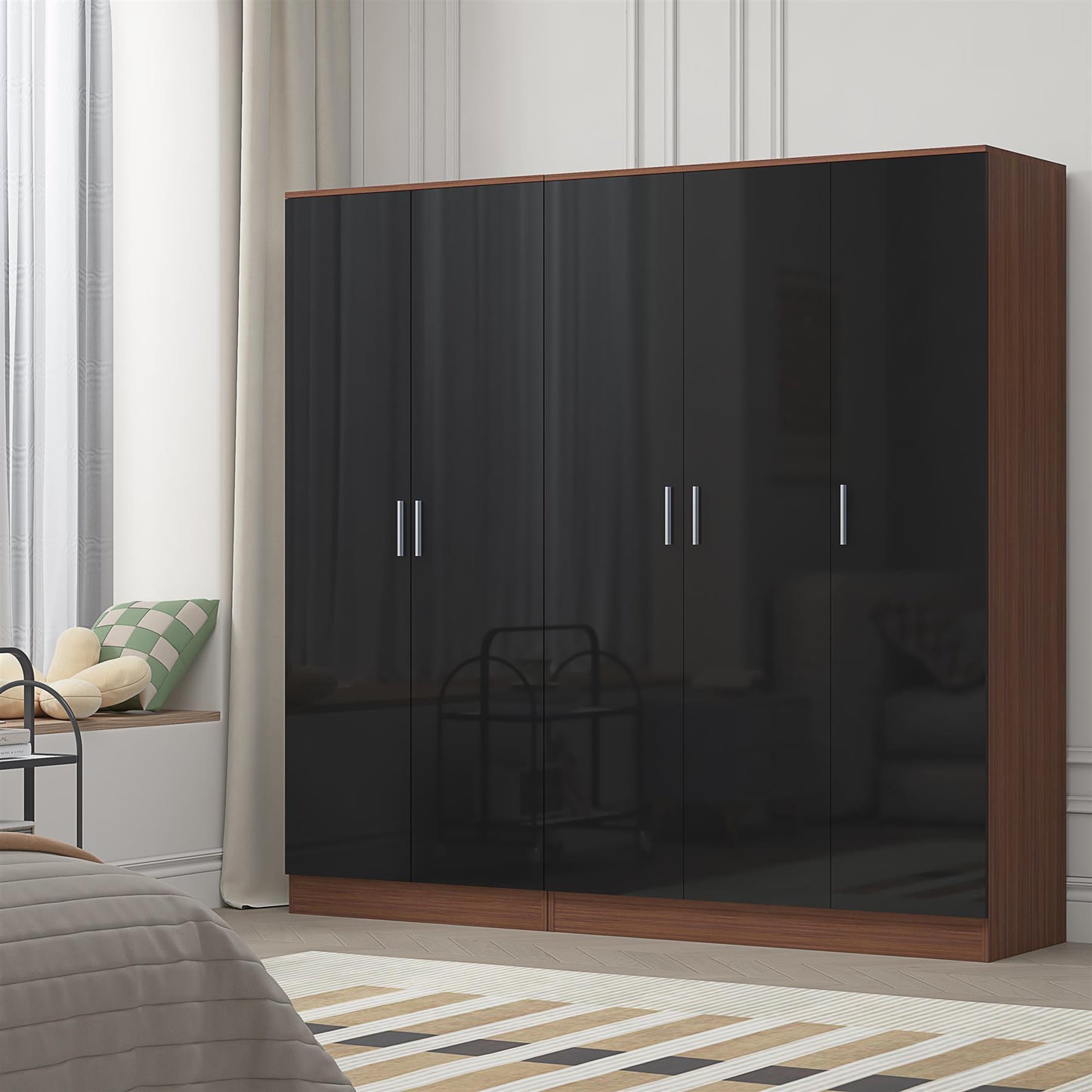 Reflect 2pc Wardrobe Bundle - 3 Door Plain + 2 Door Plain - Black Gloss & Walnut