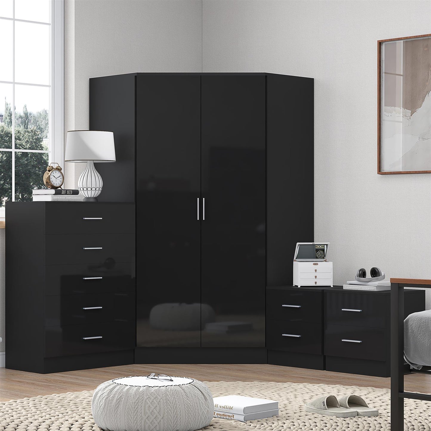 REFLECT Gloss 4pc Set - 2 Door Corner Wardrobe + 5 Draw Chest + 2 Bedsides