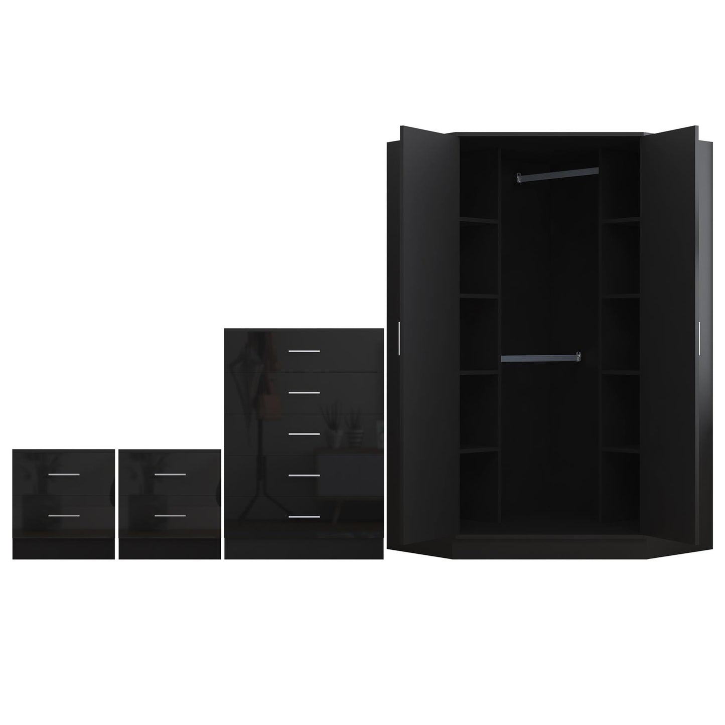 REFLECT Gloss 4pc Set - 2 Door Corner Wardrobe + 5 Draw Chest + 2 Bedsides