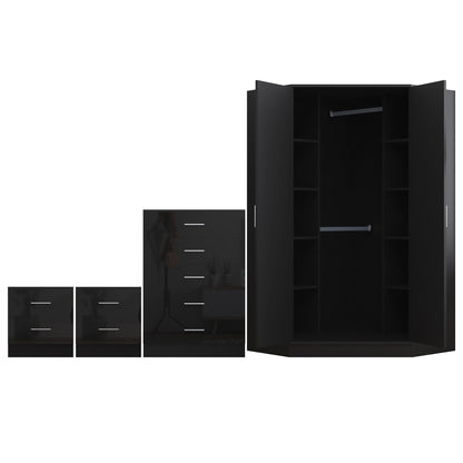 Reflect 2 Door Corner Wardrobe, 5 Drawer Chest, 2x 2 Drawer Bedsides - Black Gloss & Black Oak - Bedroom Furniture Set