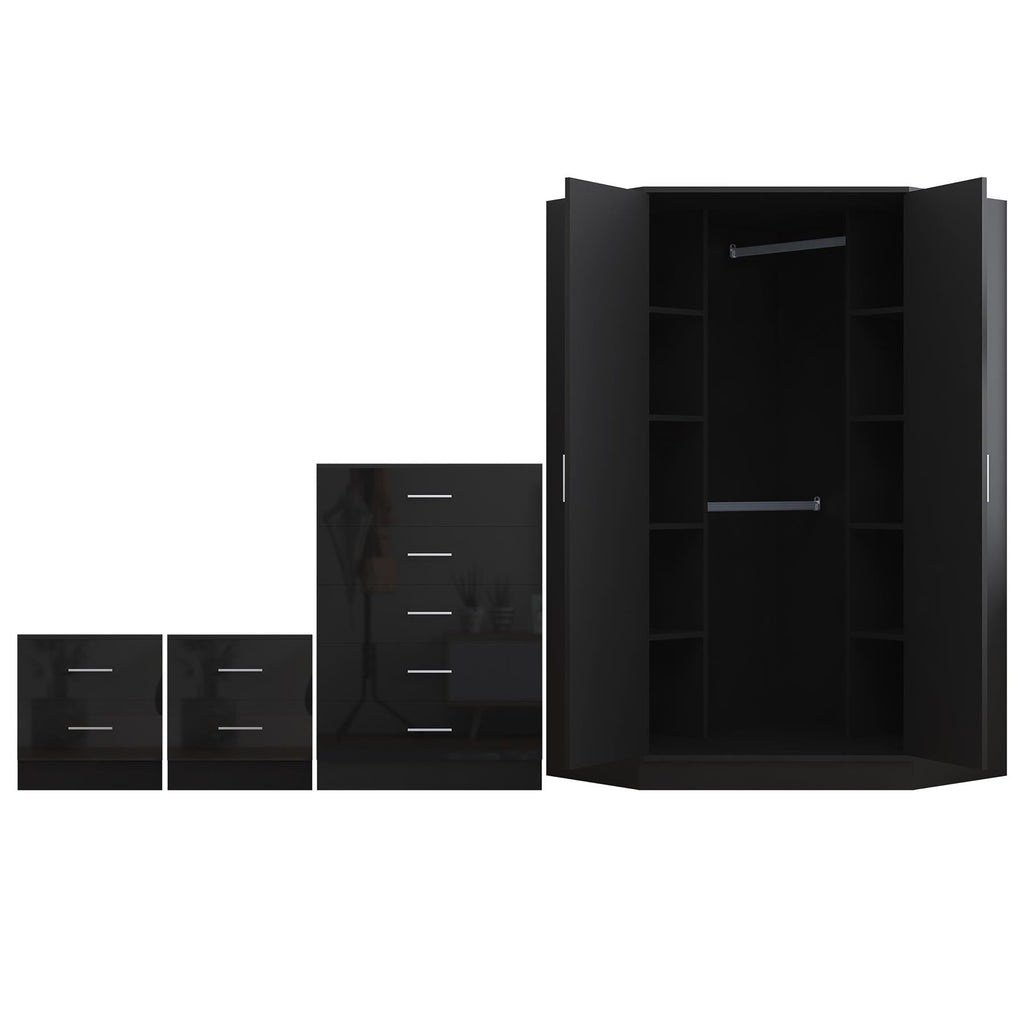 Reflect 2 Door Corner Wardrobe, 5 Drawer Chest, 2x 2 Drawer Bedsides - Black Gloss & Black Oak - Bedroom Furniture Set