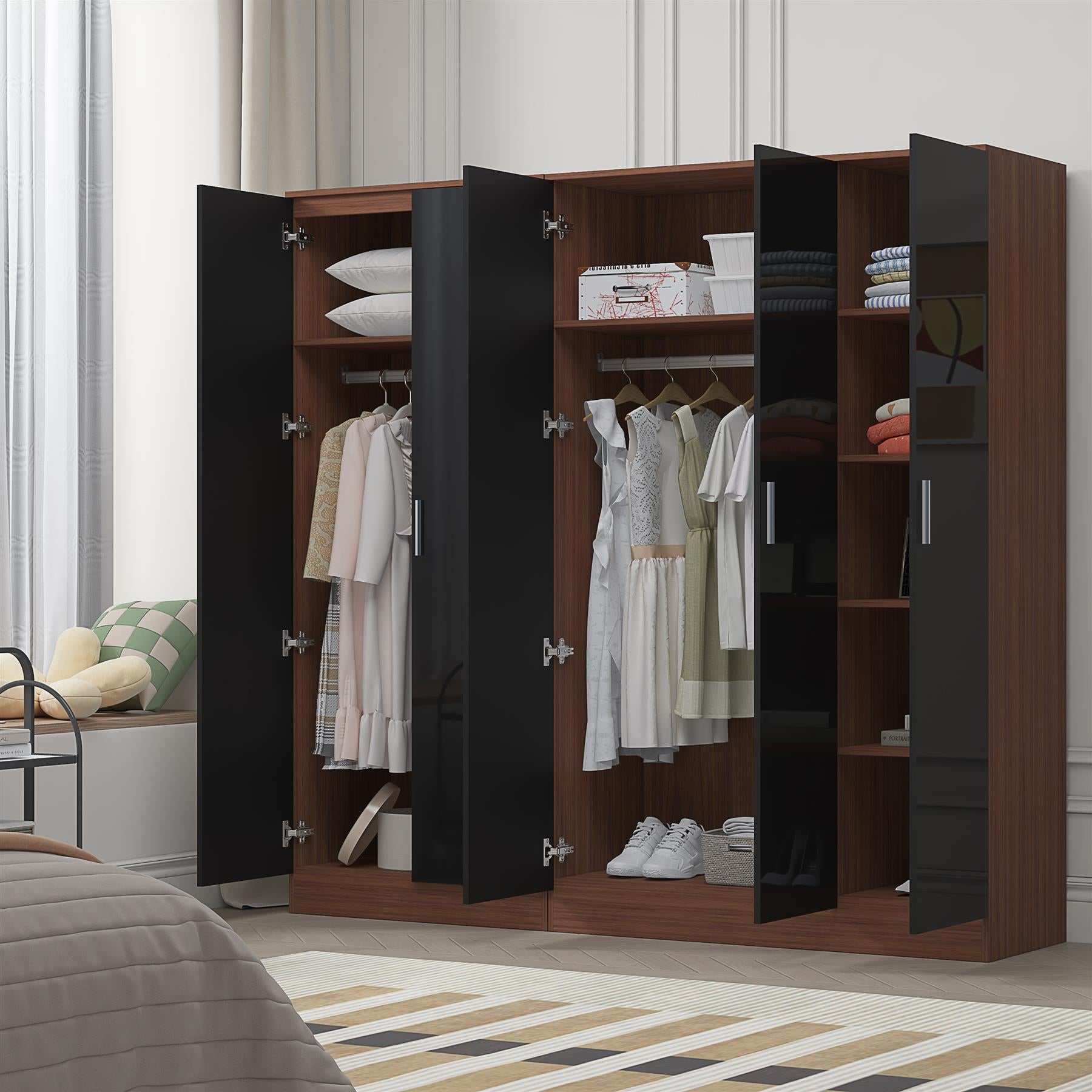 REFLECT - 3 Door PLAIN + 2 Door PLAIN Wardrobe - Gloss Black / Matt Walnut