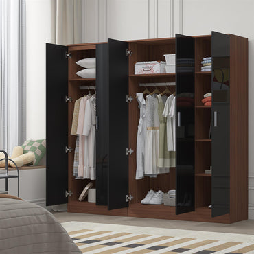Reflect 2pc Wardrobe Bundle - 3 Door Plain + 2 Door Plain - Black Gloss & Walnut