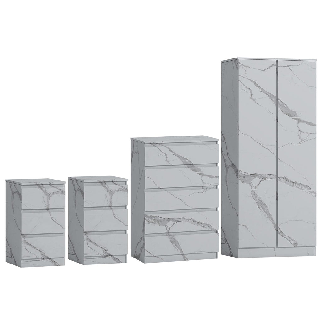 ZITA White Marble Effect 4 Piece Bedroom Set - 2 Door Wardrobe, Tall Chest & 2 Bedside Tables, Stylish Storage Solution