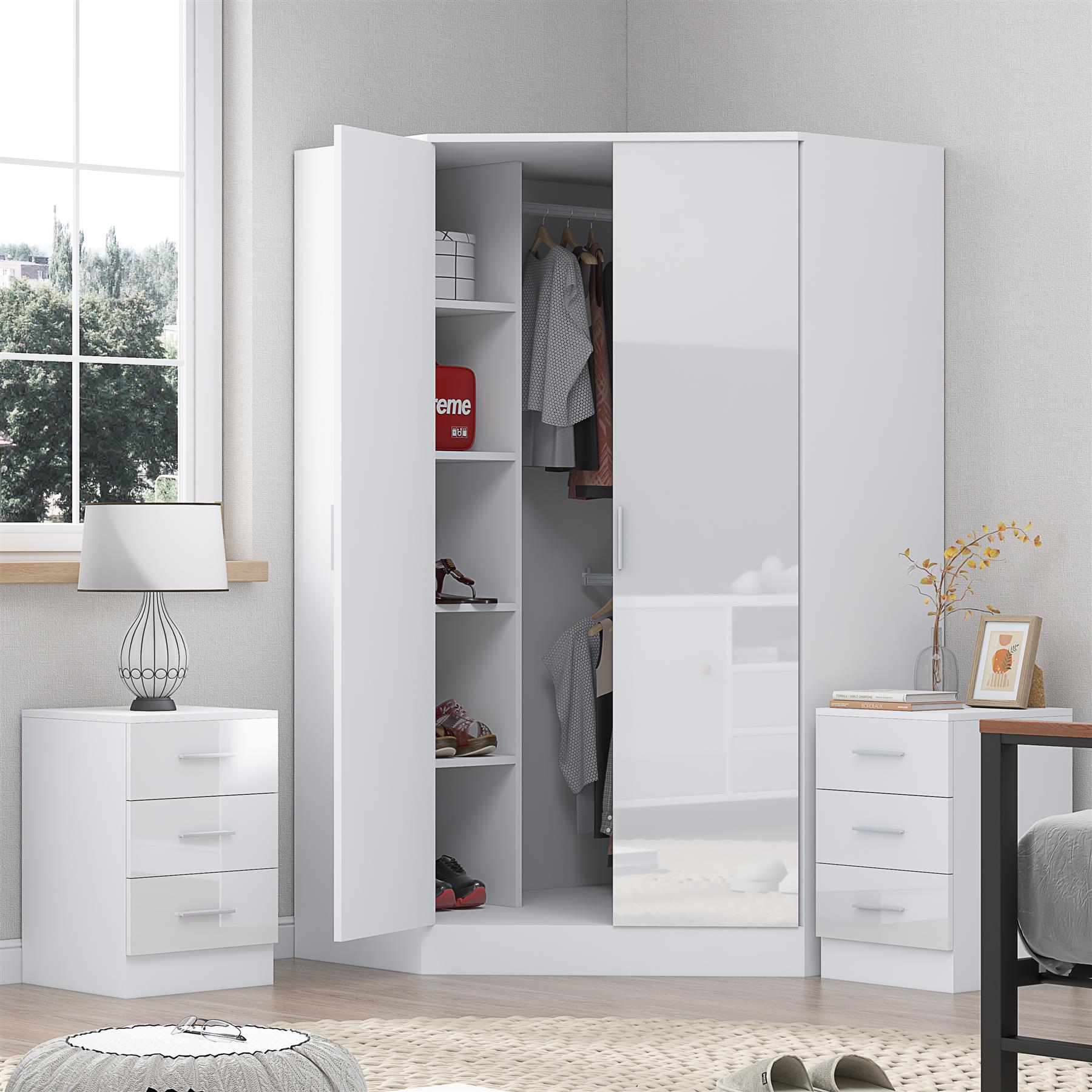 REFLECT - 2 Door CORNER + 2x 3 Drawer Bedside - Gloss White / Matt White