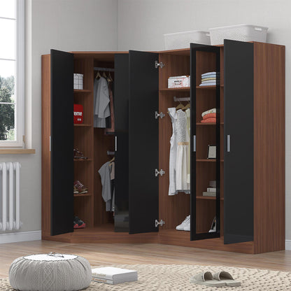 Reflect 2pc Wardrobe Bundle - 2 Door Corner + 3 Door Mirror - Black Gloss & Walnut