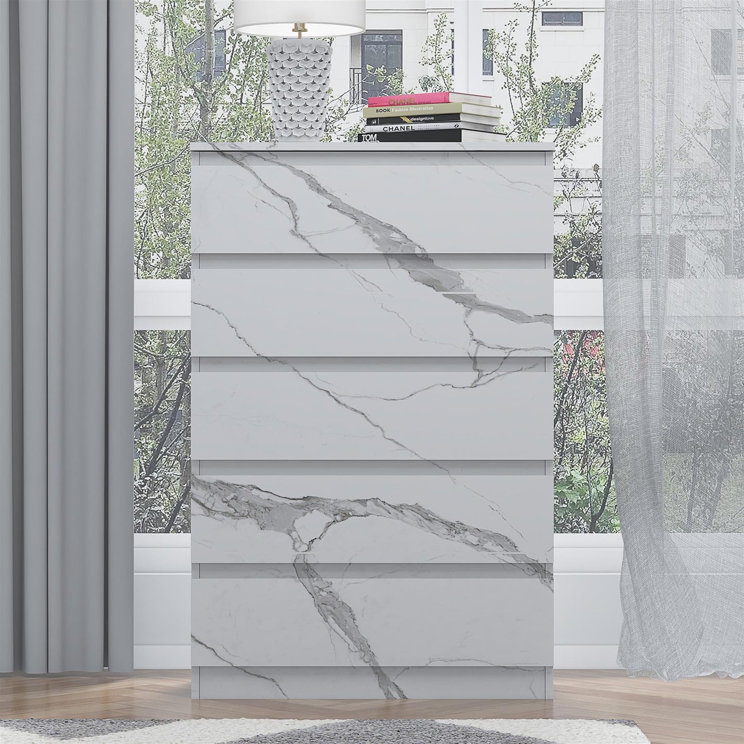 ZITA Bedroom Furniture Tall 5 Drawer Chest in White OR Grey Marble Colour Option