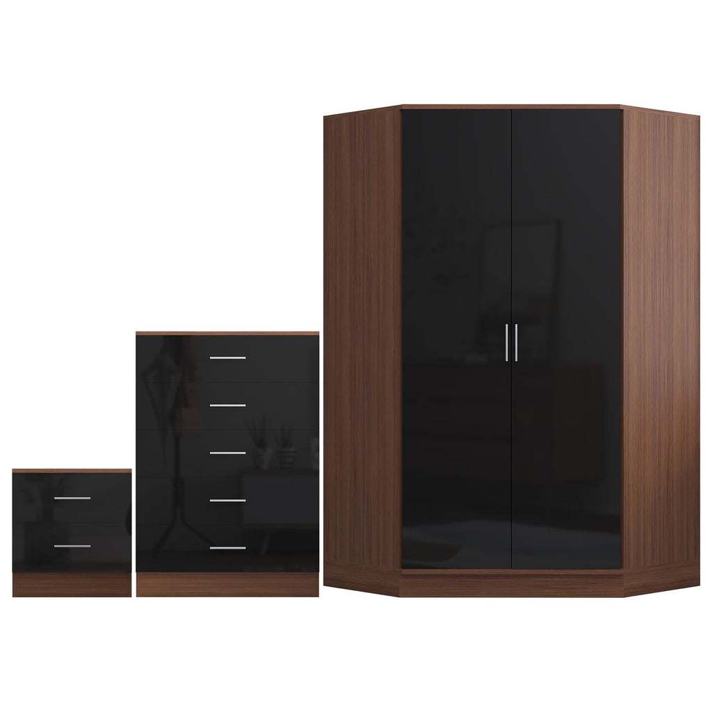 REFLECT Gloss 4pc Set - 2 Door Corner Wardrobe + 5 Draw Chest + Bedside