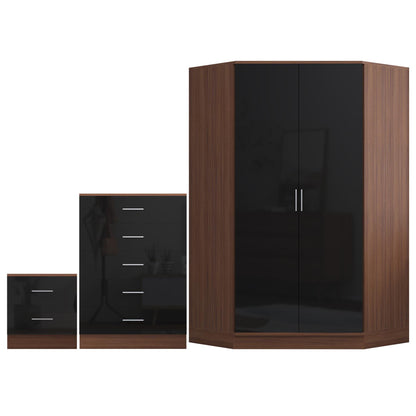 Reflect 2 Door Corner Wardrobe, 5 Drawer Chest, 2 Drawer Bedside - Black Gloss & Walnut - Bedroom Furniture Set