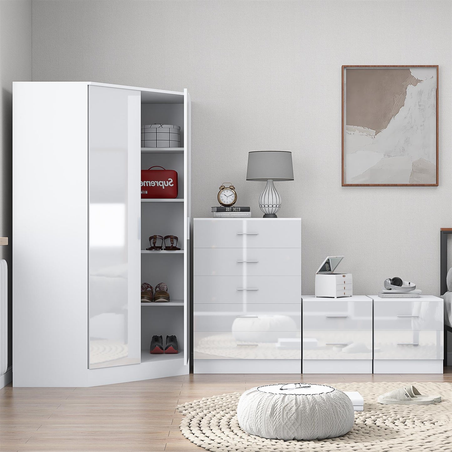 REFLECT Gloss 4pc Set - 2 Door Corner Wardrobe + 5 Draw Chest + 2 Bedsides