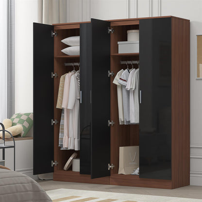 Reflect 2x 2 Door Plain Wardrobe Bundle - Black Gloss & Walnut - Hanging Rails & Shelves - Modern Sleek Design