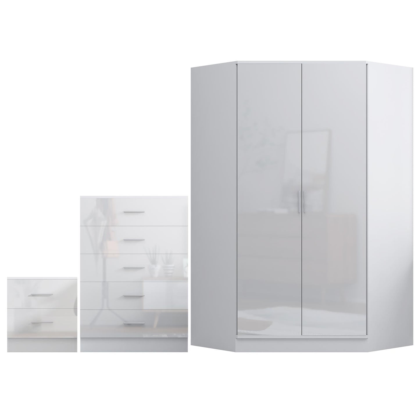 Reflect 2 Door Corner Wardrobe, 5 Drawer Chest, 2 Drawer Bedside - White Gloss & Matt White - Bedroom Furniture Set