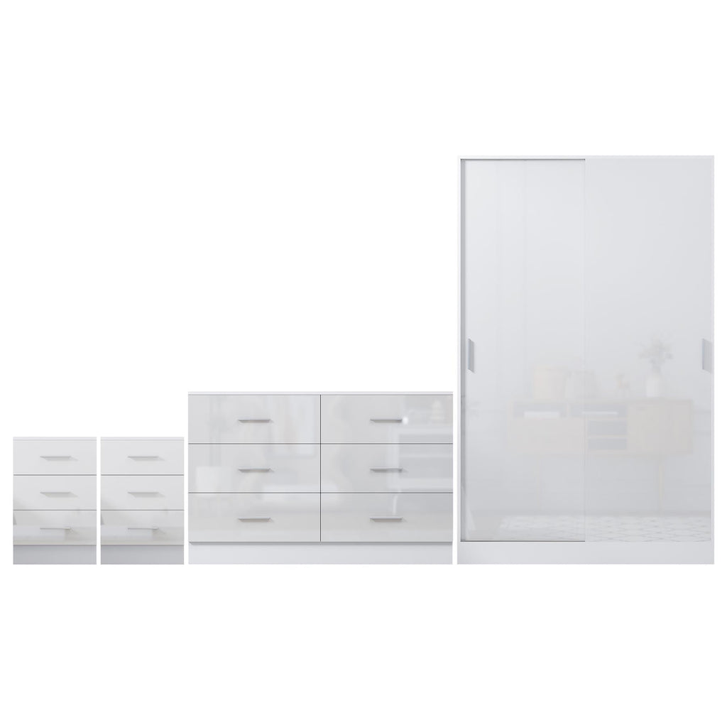 Reflect 2 Door Sliding Wardrobe, 6 Draw Wide Chest, 2x3 Drawer Bedsides - White Gloss & Matt White - Modern Bedroom Furniture Set
